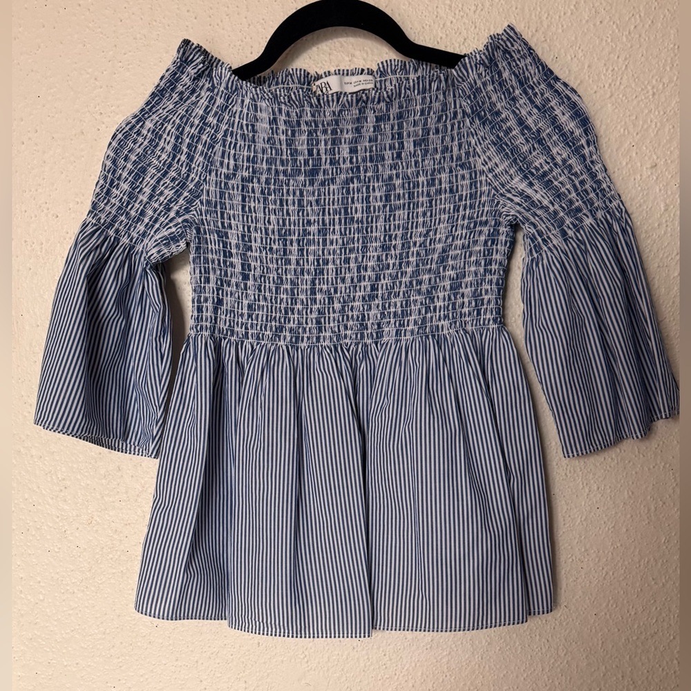 Zara Navy and White Smocked Blouse
